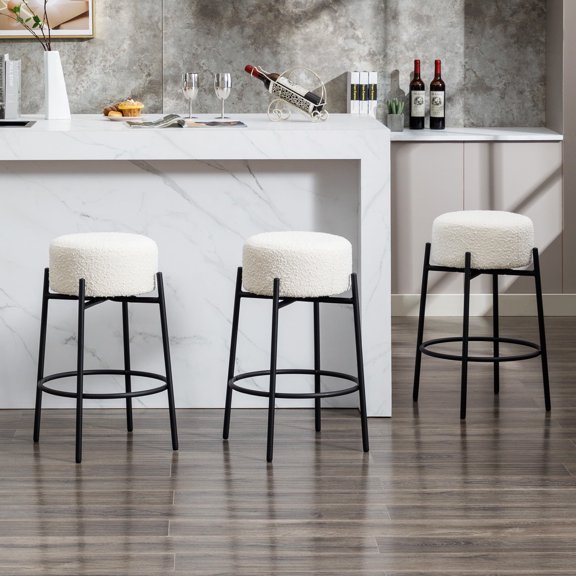 Zesthouse Swivel Counter Stools Set of 3, 26.7" Modern Boucle Counter Height Bar Stools with Metal Legs, Backless Round Barstools for Kitchen Island, White