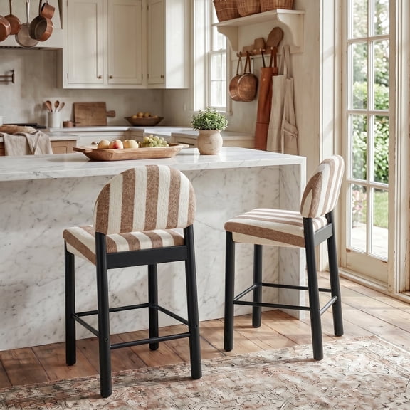 Zesthouse Upholstered Linen Bar Stools Set of 2, 26" Modern Counter Height Barstools with Arched Back & Black Wood Legs, Farmhouse Wooden Kitchen Island Chairs, Brown and White Striped