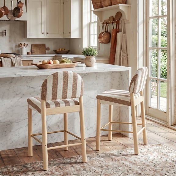 Zesthouse Upholstered Linen Bar Stools Set of 2, 26" Modern Counter Height Barstools with Arched Back & Solid Wood Legs, Farmhouse Wooden Kitchen Island Chairs, Brown and White Striped