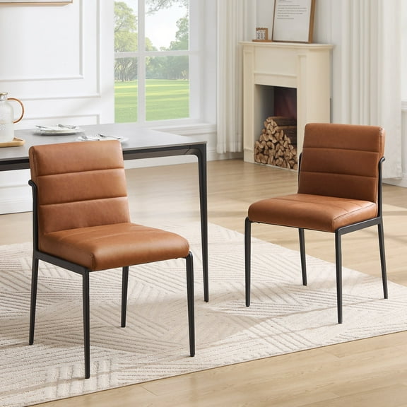 Zesthouse Upholstered Dining Chairs Set of 2, Faux Leather Kitchen Side Chairs with Metal Legs, Modern Tufted Dining Room Chair for Dining Living Room , Brown