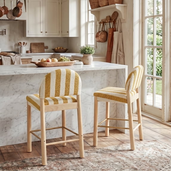 Zesthouse Upholstered Linen Bar Stools Set of 2, 26" Modern Counter Height Barstools with Arched Back & Solid Wood Legs, Farmhouse Wooden Kitchen Island Chairs, Yellow and White Striped