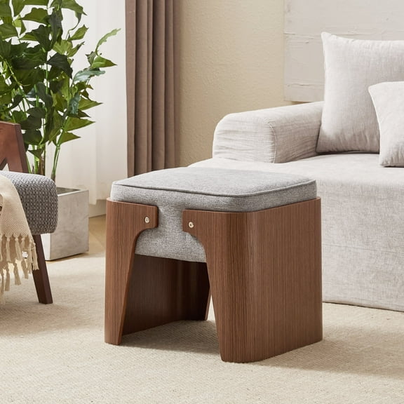 Zesthouse Upholstered Linen Ottoman, Modern Foot Stool Ottoman with Extra Thick Cushion and Walnut Finish Wood Frame, Vanity Stool for Bedroom Living Room Hallway, Gray