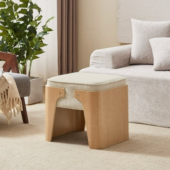 Zesthouse Upholstered Linen Ottoman, Modern Ottoman Footrest with Extra Thick Cushion and Natural Finish Wood Frame, Vanity Stool for Bedroom Living Room Dorm, Beige