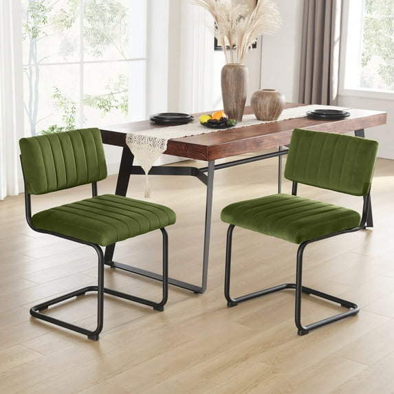 Zesthouse Mid Century Modern Dining Chairs Set of 2, Velvet Upholstered Dining Room Chairs with Metal Legs, Tufted Channel Kitchen Chairs for Dining Living Room, Green