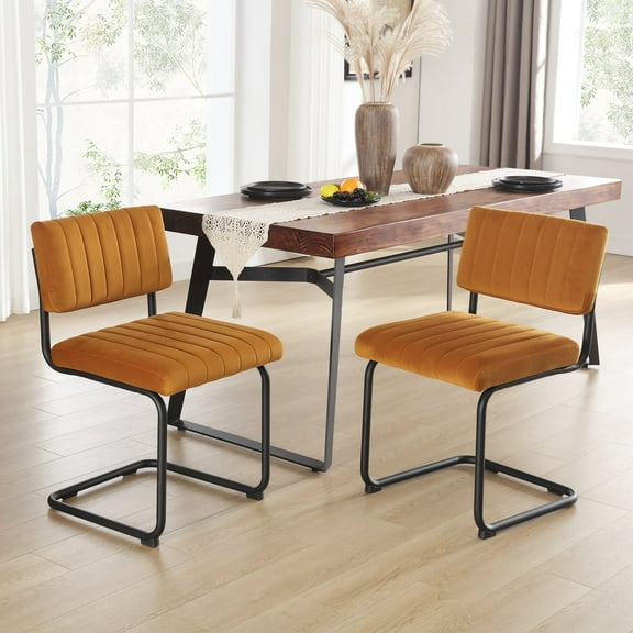 Zesthouse Mid Century Modern Dining Chairs Set of 2, Velvet Upholstered Dining Room Chairs with Metal Legs, Tufted Channel Kitchen Chairs for Dining Living Room, Orange