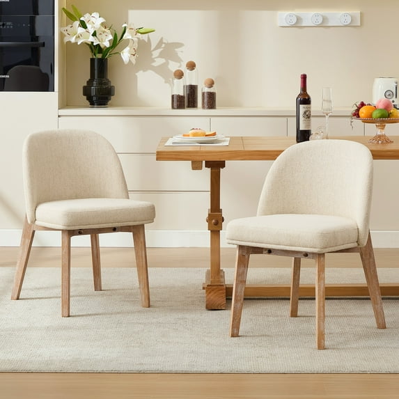 Zesthouse Wooden Dining Chairs Set of 2, Upholstered Linen Fabric Dining Room Chairs, Mid Century Modern Kitchen Chair with Curved Backrest, Vintage Brushed Brown Wood Legs, Beige