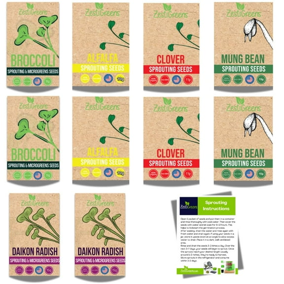 ZestiGreens Alfalfa, Mung Bean, Broccoli, Clover, MVR1Daikon Radish Sprouting Seeds, 100% Organic, Non-GMO, Made in USA