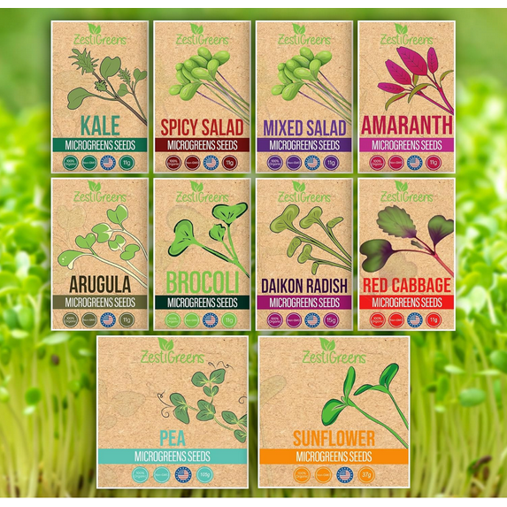 Zestigreens Organic Microgreens Seed Variety Pack - 10 Varieties Including Broccoli, Sunflower, Pea, and Radish (Grow Your Own)