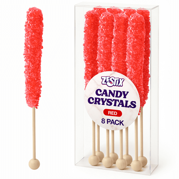 Red Rock Candy Sticks, 8 ct Crystal Rock Sugar Candy for Parties, Weddings, Candy Buffets & Dessert Toppings