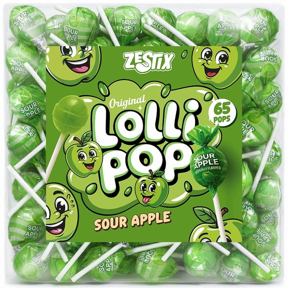 Zestix Sour Green Apple Lollipops 65ct, Bulk Candy Suckers, Individually Wrapped Sour Lollipop Candy for Kids, Parties, Goodie Bags & Party Favors