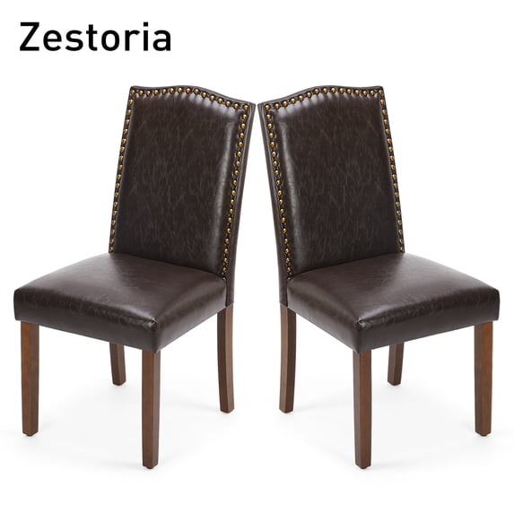 Zestoria Set of 2 Upholstered Dining Chairs, Modern Fabric with Nailhead Trim & Wood Legs, Dark Brown