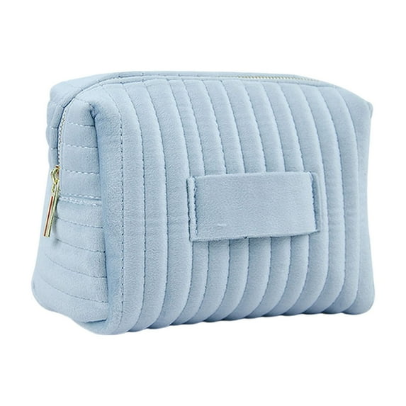 ZestqaQ Embroidered Striped Velvet Cosmetic Bag, Portable Makeup Storage Organizer, Waterproof Polyester Travel Pouch, Sleek Zippered Cosmetic Case, Stylish Daily Use Cosmetic Holder