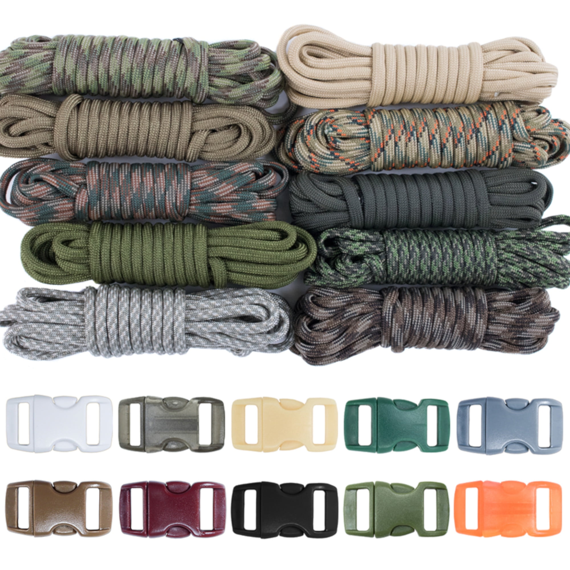 West Coast Paracord 550lb Survival Paracord Crafting Kit - 10 Colors of Type III Nylon Cord with Buckles