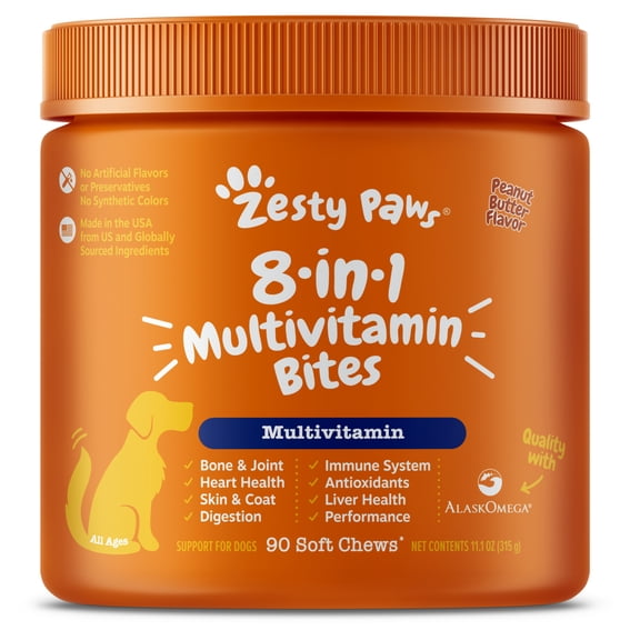 Zesty Paws 8-in-1 Multivitamin Bites Peanut Butter Flavor Dog Supplement, 90 Count