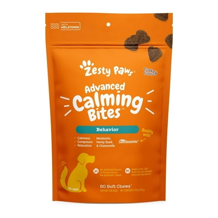 Zesty Paws Advanced Calming Bites for Dogs, Calming Behavior, Turkey Flavor, 60 Count Soft Chews
