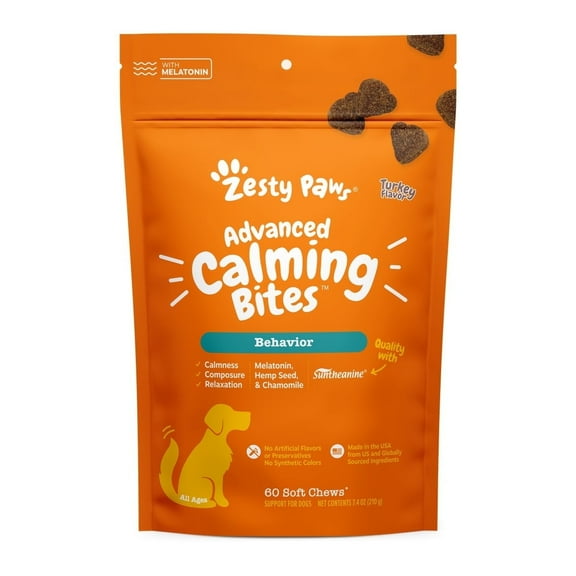 Zesty Paws Advanced Calming Bites for Dogs, Calming Behavior, Turkey Flavor, 60 Count Soft Chews