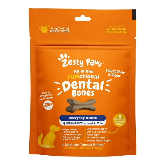 Zesty Paws All-in-One Functional Dental Bones for Dogs, Medium, 4ct