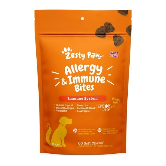 Zesty Paws Allergy & Immune Bites for Dogs, Allergy Relief and Supports Immune Function, Lamb Flavor, 60 Count Soft Chews