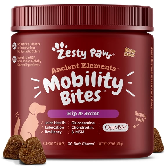 Zesty Paws Ancient Elements Hip & Joint Mobility Bites for Dogs, Functional Dog Hip & Joint Support Supplement with OptiMSM, Bison Flavor, 90 Count Soft Chews
