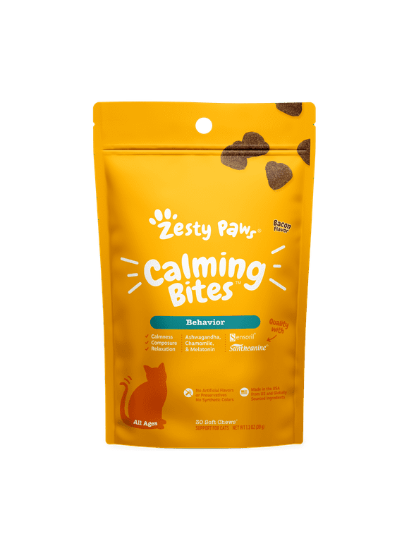 Zesty Paws Calming Bites for Cats, Stress & Anxiety Relief Supplement, Bacon Flavor, 30 Ct Soft Chews