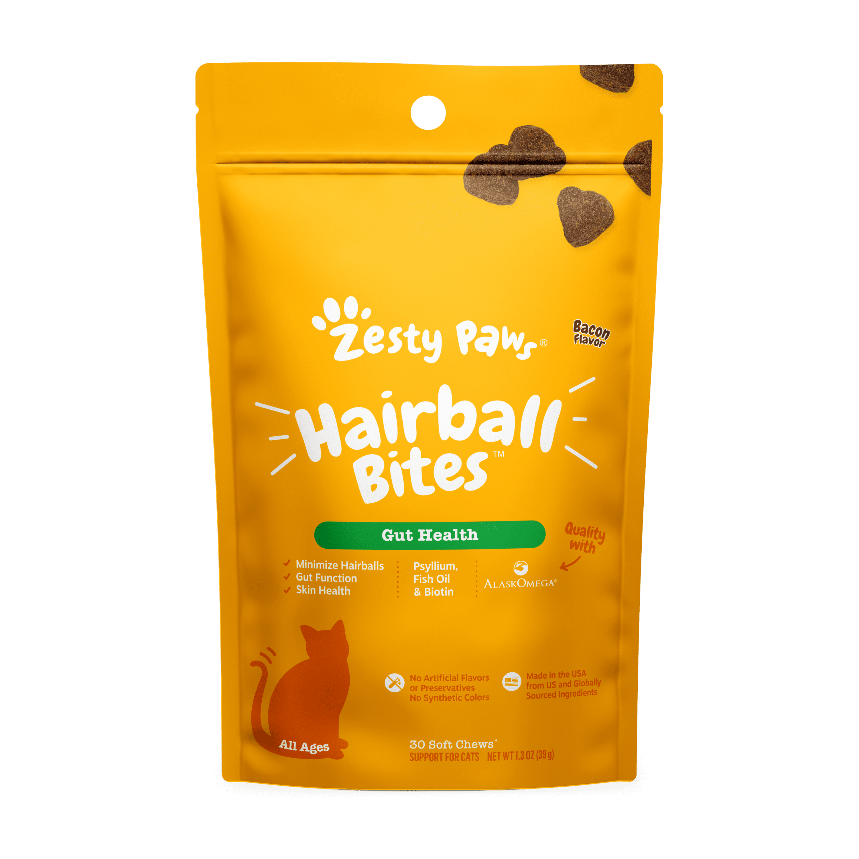 Zesty Paws Gut Health Hairball Bites™ for Cats, Fish Oil, Bacon Flavor