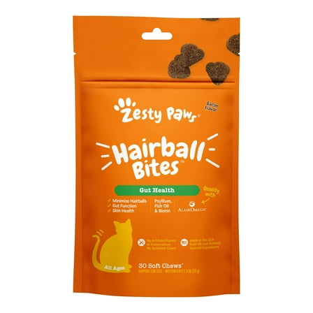 Zesty Paws Hairball Bites for Cats, Supports Hairball Reduction, Bacon 30ct
