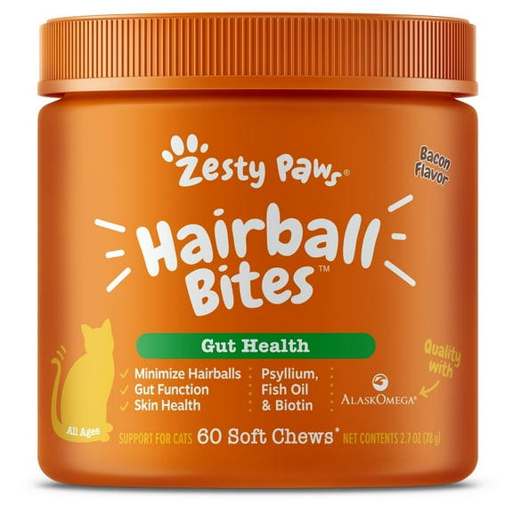 Zesty Paws Hairball Bites for Cats, to Prevent & Minimize Hairball Formation, Bacon 60ct
