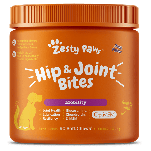 Zesty Paws Hip & Joint Bites for Dogs, Dog Supplement for Hip, Joint & Mobility, Duck Flavor, 90ct