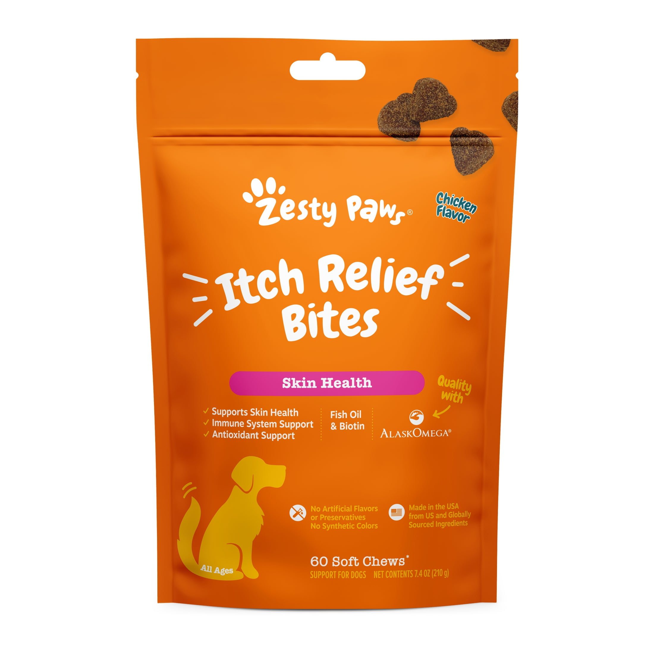 Zesty Paws Itch Relief Bites for Dogs, for Itch Relief & Skin Health, Chicken 60 Count