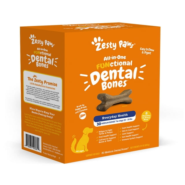 Zesty Paws Multifunctional Dental Bones for Dogs, Medium, 30 Count, 25