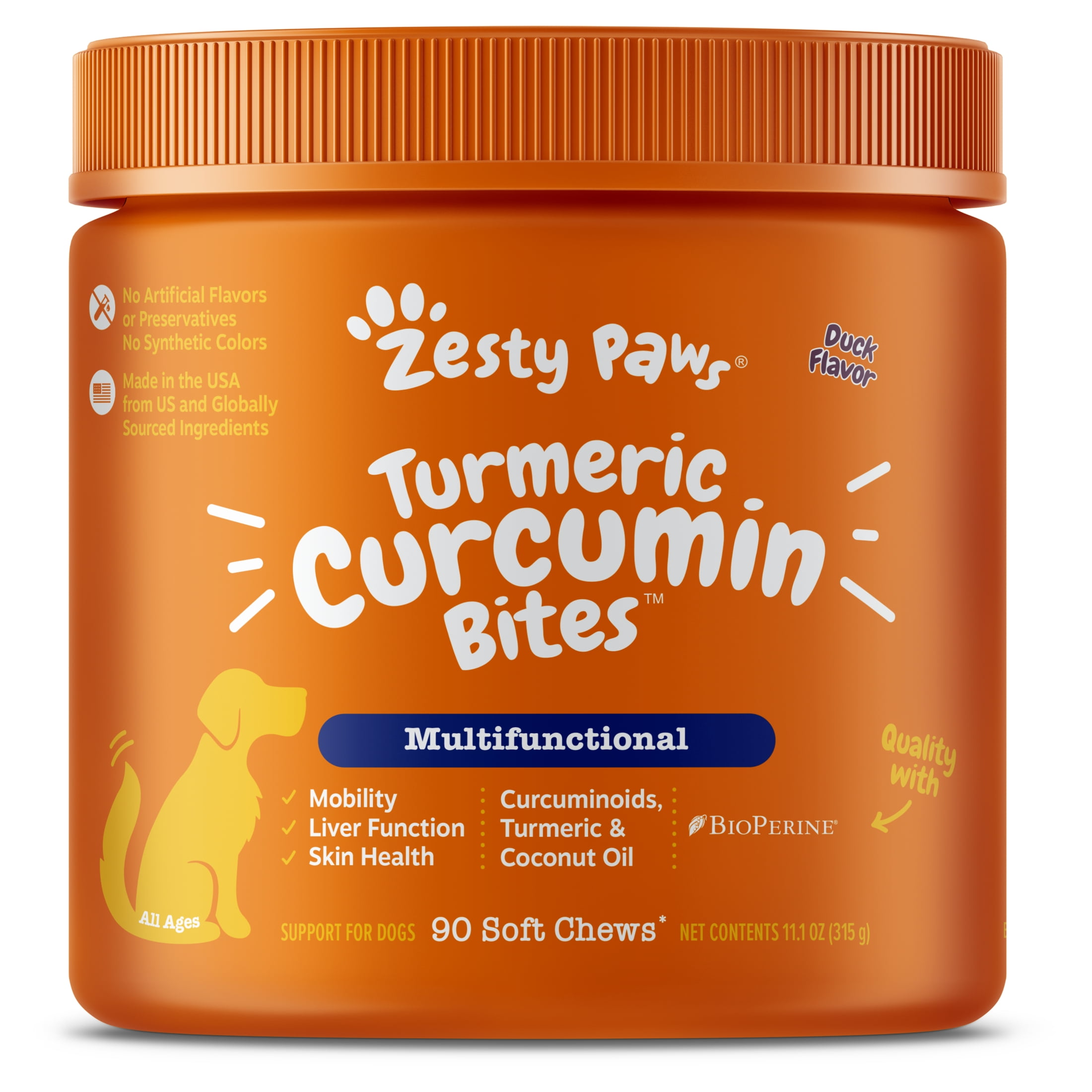 Zesty Paws Multifunctional Turmeric Curcumin Bites for Dogs of All Ages, Duck Flavor, 90 Count, Overall Wellbeing