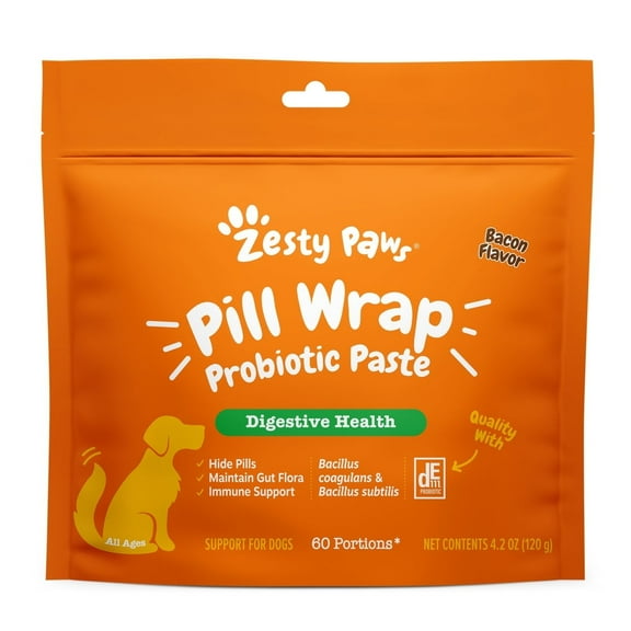 Zesty Paws Pill Wrap Probiotic Paste for Dogs, to Hide Pills & Maintain Gut Flora, 60 Portions, Bacon 4.2oz