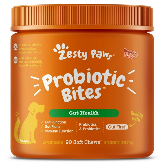 Zesty Paws Probiotic Bites, Digestive Probiotics for Gut Flora & Immune Support, Pumpkin Flavor, 90 Count