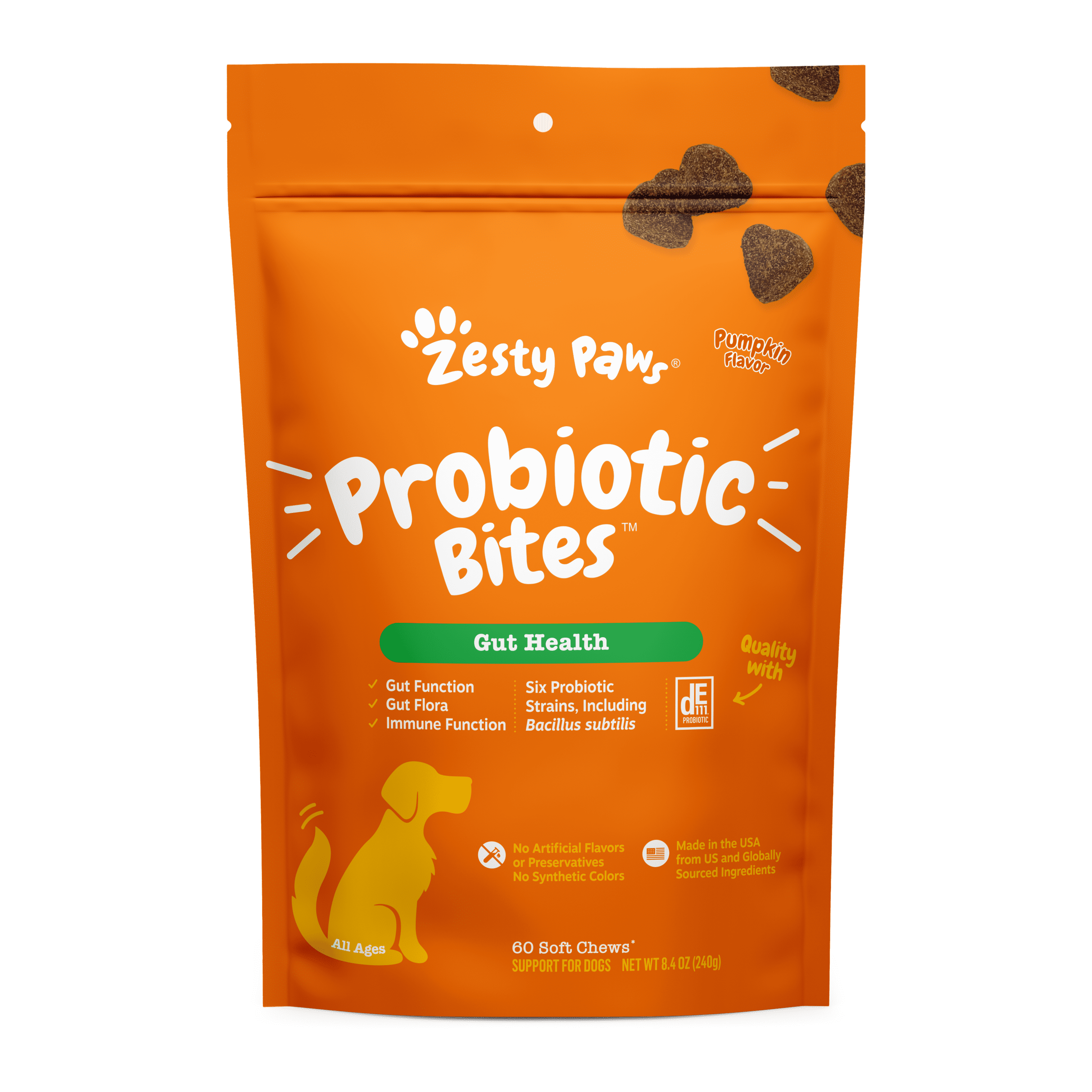 Zesty Paws Probiotic Bites Soft Chews, Digestive Probiotics for Gut Flora & Immune Support, Functional Digestive Health Dog Supplement, Pumpkin Flavor, 60 Count
