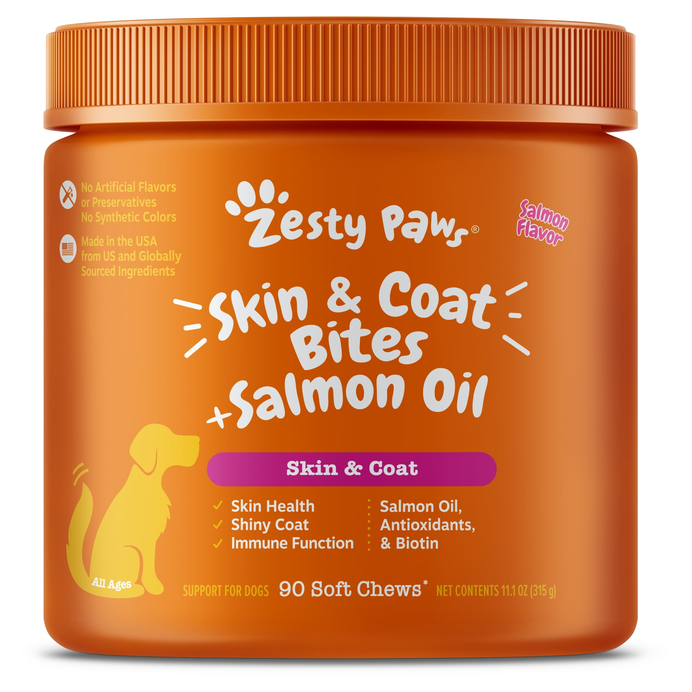 Zesty Paws Skin & Coat Bites + Salmon Oil for Dogs, for Skin Health, Salmon Flavor 90 ct