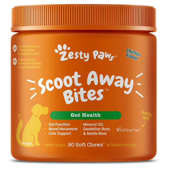 Zesty Paws Scoot Away Bites for Dogs, Digestive Support Functional Dog Supplement, Chicken Flavor, 90 Count Soft Chews