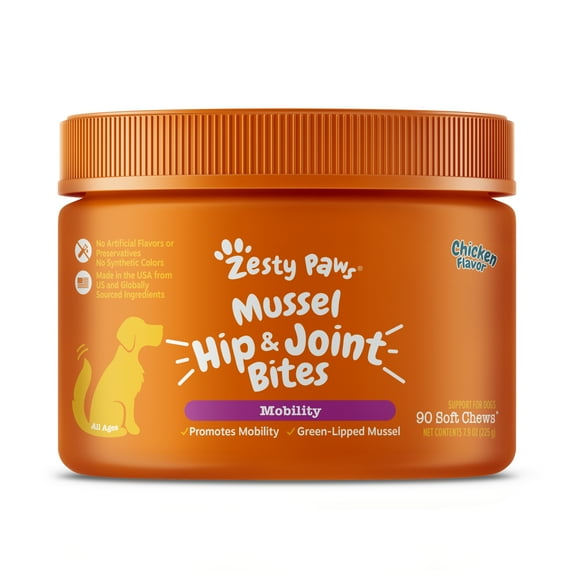 Zesty Paws Mussel Hip & Joint Bites for Dogs, Functional Dog Supplement Promotes Mobility and Flexibility, Chicken Flavor, 90ct