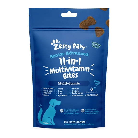 Zesty Paws Senior Advanced 11-in-1 Multifunctional Bites for Senior Dogs, Chicken 60ct