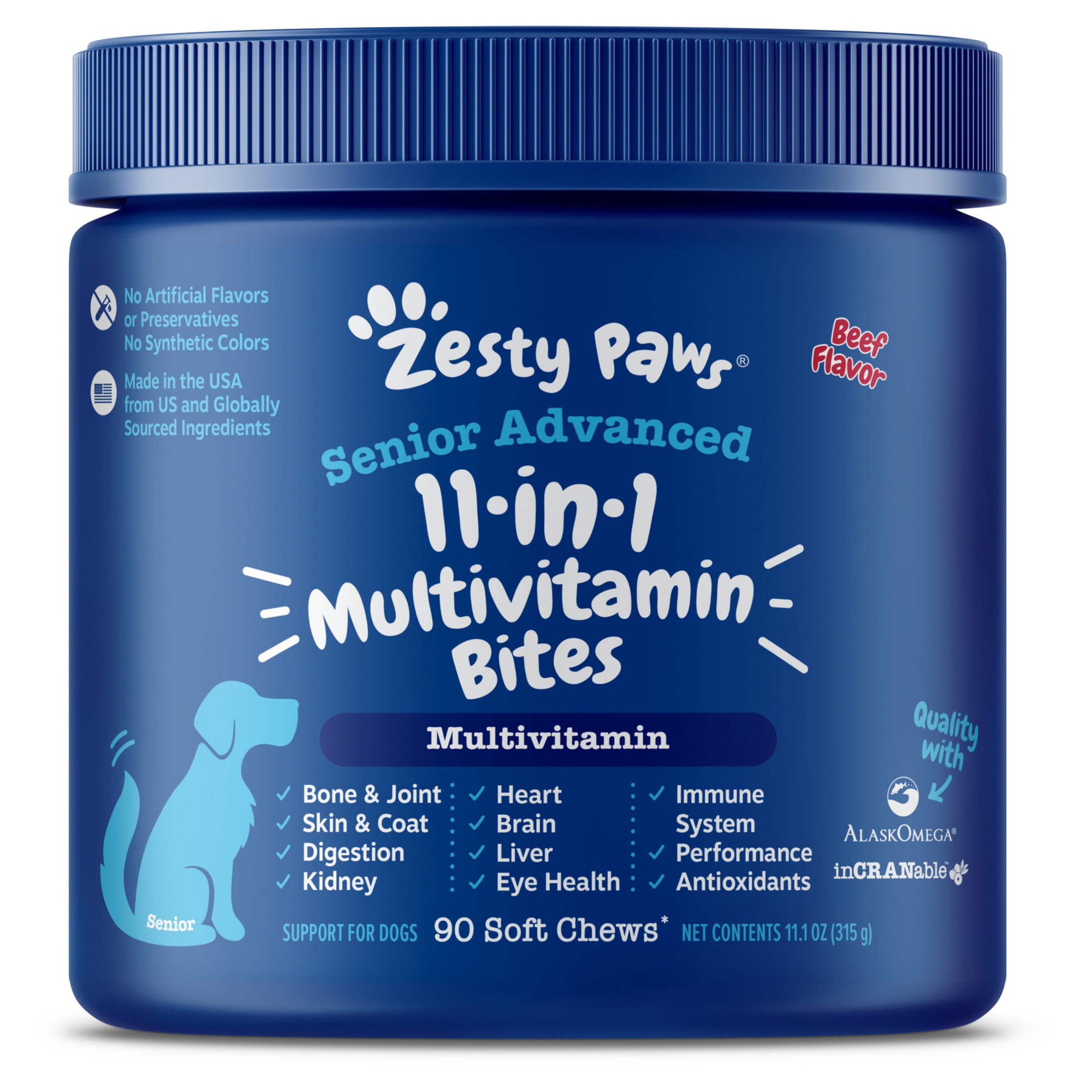 Zesty Paws Senior Advanced 11-in-1 Multivitamin Bites Beef Flavor Dog Supplement, 90 Count