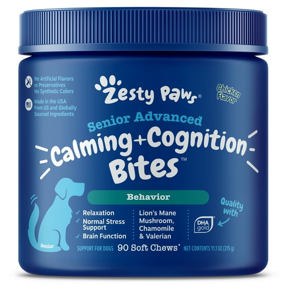 Zesty Paws Senior Advanced Calming & Cognition Behavior Bites for Senior Dogs, for Brain Function & Stress Support, Chicken Flavor, 90ct
