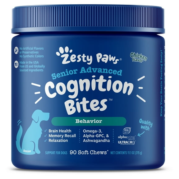 Zesty Paws Senior Advanced Cognition Bites for Senior Dogs, for Brain Health & Memory Recall, Chicken, 90ct
