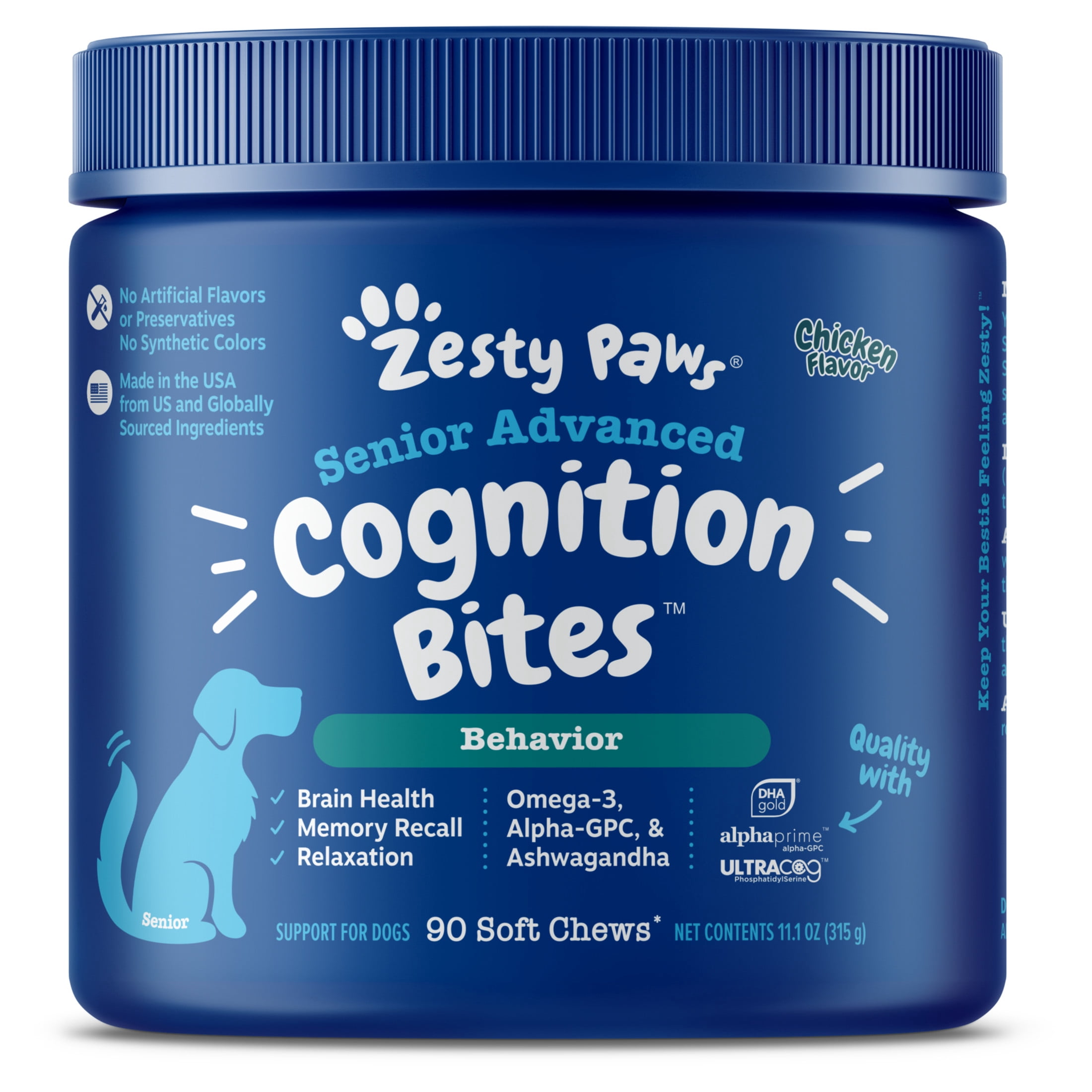 Zesty Paws Senior Advanced Cognition Bites Chicken Flavor Dog Supplement, 90 Count
