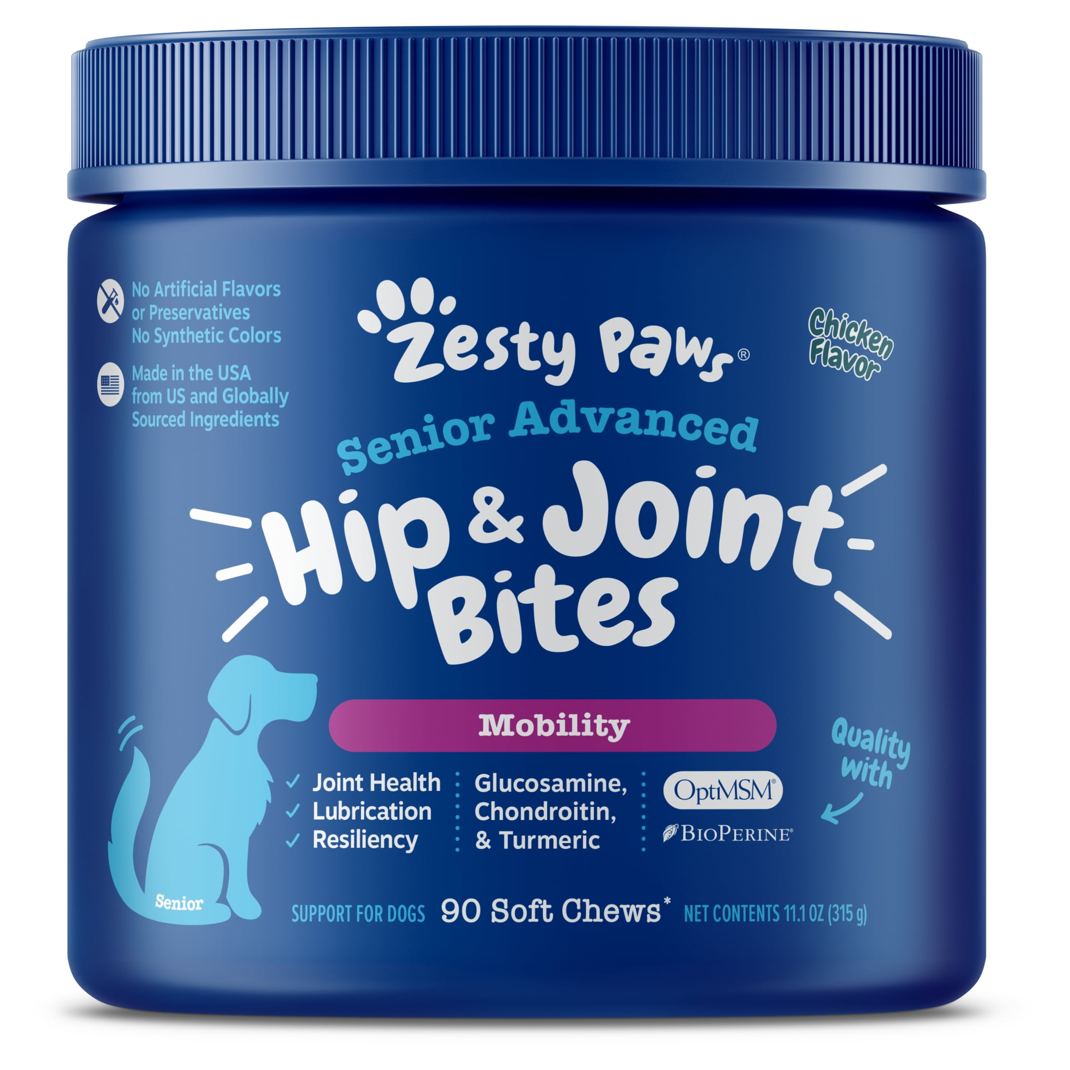 Zesty Paws Senior Advanced Hip & Joint Bites for Dogs, for Joint Health, Chicken 90ct