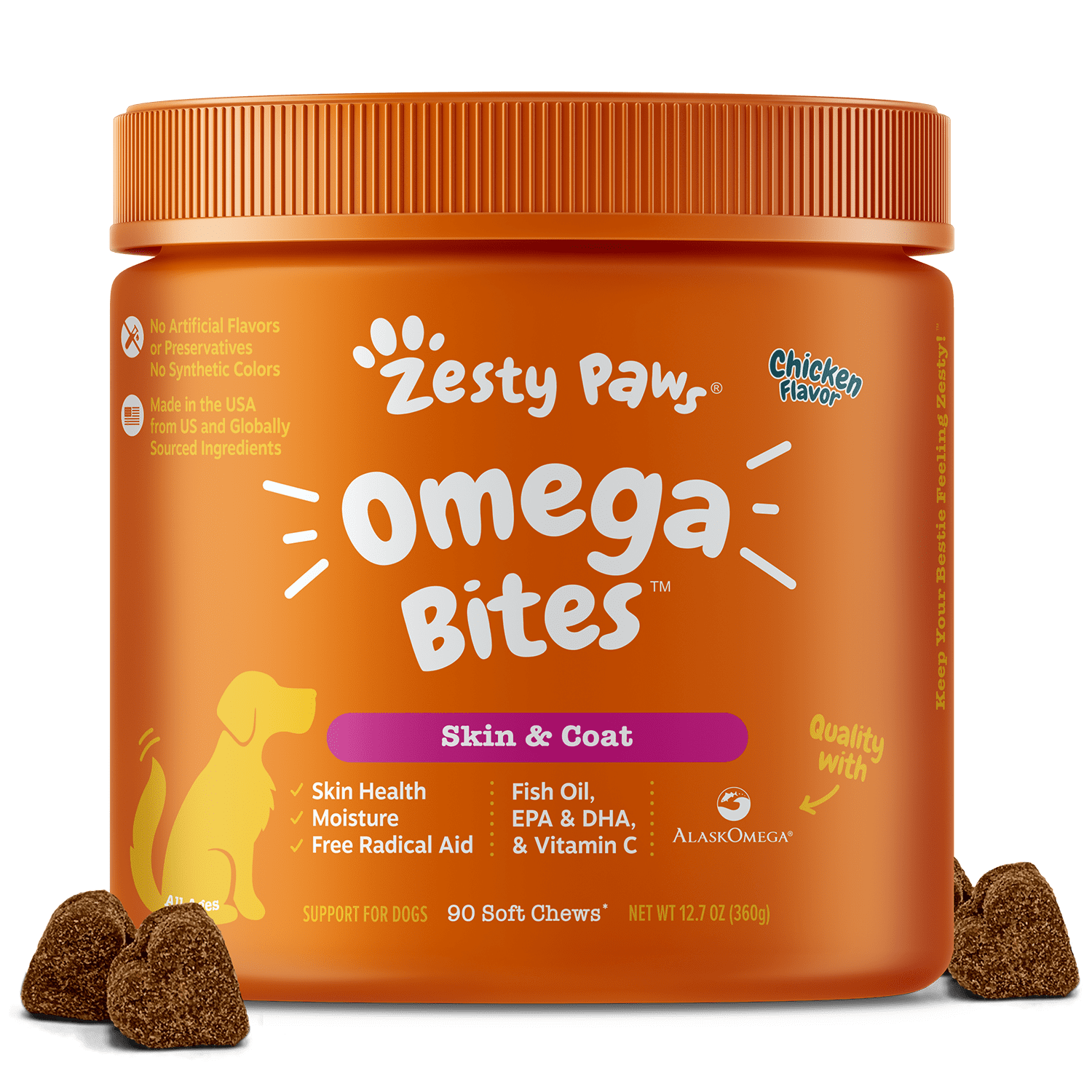 Zesty Paws Skin & Coat Omega Bites for Dogs, With Alaskan Omega Fish Oil for EPA & DHA, Chicken Flavor, 90 Count Soft Chews