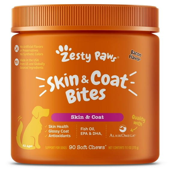 Zesty Paws Skin & Coat Bites for Dogs, for Glossy Coat & Skin Health, Bacon Flavor, 90 ct
