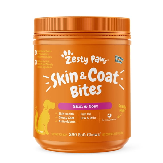 Zesty Paws Skin & Coat Bites Chicken Flavor Dog Supplement, 250 Count