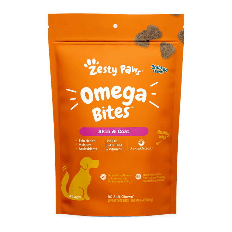 Zesty Paws Skin & Coat Omega Bites for Dogs, Alaskan Omega Fish Oil for EPA  & DHA, Chicken Flavor, 60 Count Soft Chews 
