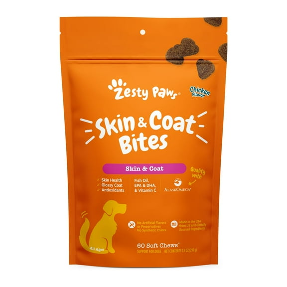 Zesty Paws Skin & Coat Bites for Dogs, Alaskan Omega Fish Oil for EPA & DHA, Chicken Flavor, 60 Count Soft Chews