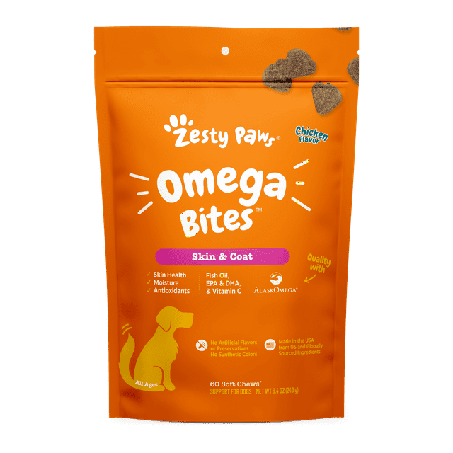 Zesty Paws Skin & Coat Omega Bites for Dogs, With Alaskan Omega Fish