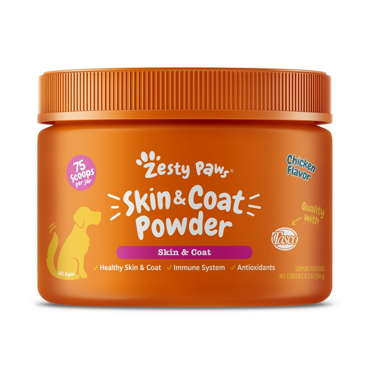 Zesty Paws Skin & Coat Powder for Dogs, Dog Supplement to Support Healthy Skin & Coat, Chicken 150g Jar